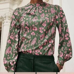 Boden Blouse Women’s Size 10 Green Pink Floral 100% Silk Long Sleeve Spring Top